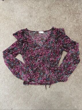 SO Pink Floral Cold-Shoulder Wrap Blouse